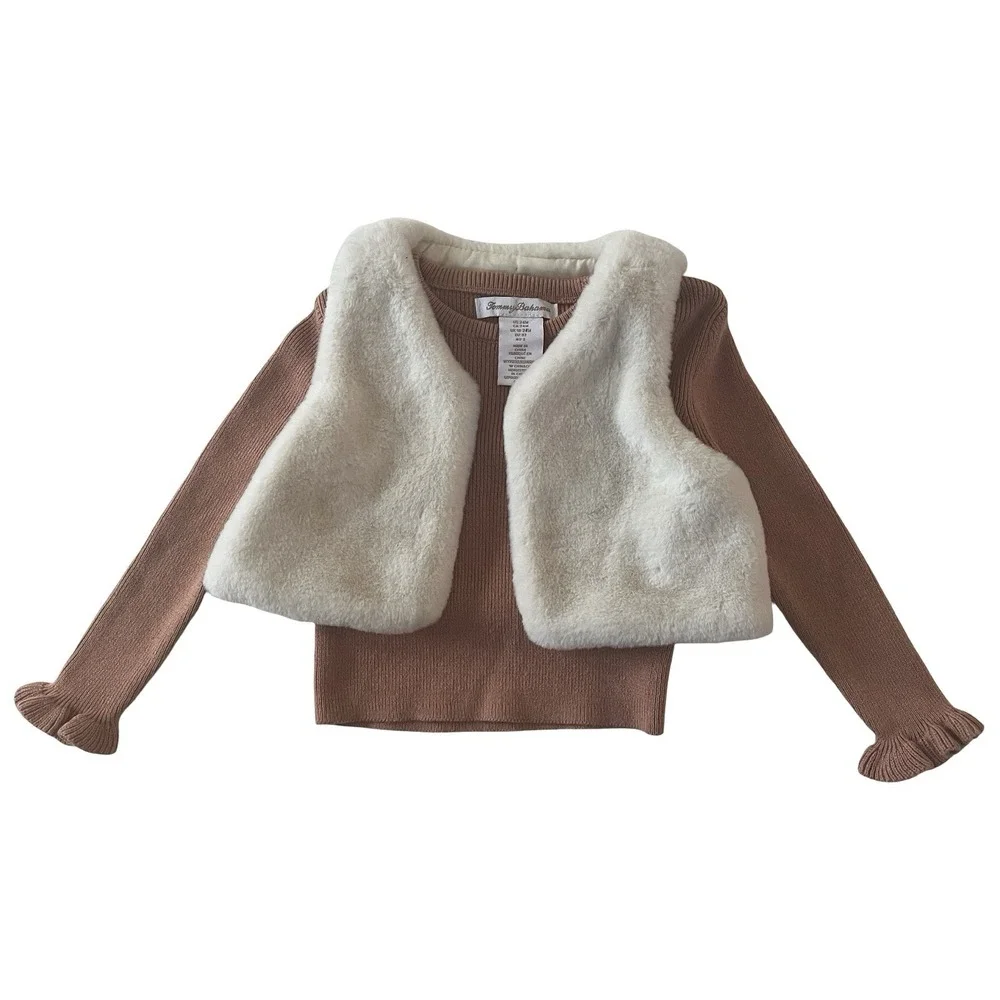 Tommy Bahama Girls Size 24 Month Long Sleeve Shirt Faux Fur Vest Set Brown White